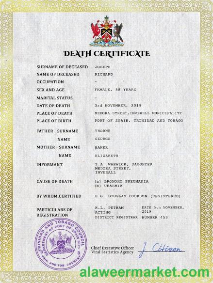 Trinidad and Tobago vital record death certificate PSD template